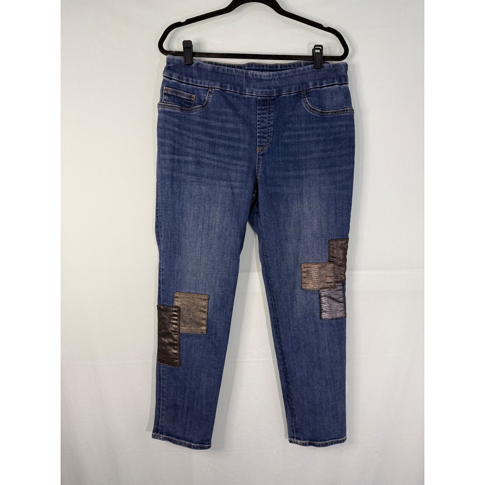Chico's Pull On Jegging Ankle Size 12 Blue Excellent Metallic Patchwork Denim